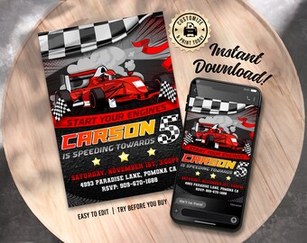 EDITABLE Race Car Go Kart Racing Speedway Flags Kids Girls Boys Birthday Party Invitation Custom Digital Printable Template - 5x7