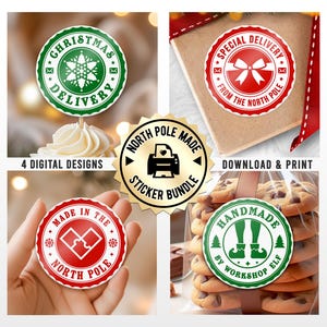 Paquete de pegatinas con motivos del Polo Norte: 4 diseños imprimibles para regalos, productos, repostería y decoración navideña. Etiquetas redondas de 2&quot; de descarga instantánea