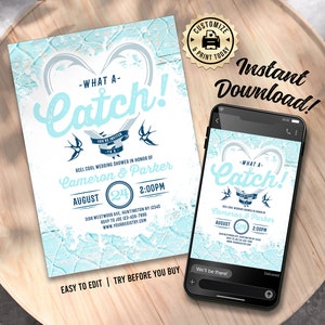 Nautical Wedding Shower Invitation | Editable Fishing Bridal or Couples Party Invite | Custom Digital Printable Template 5x7