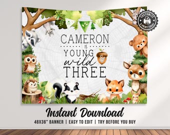 Young Wild And Three 3rd Birthday Banner | Editable Woodland Forest Party Backdrop Wall Decor | Custom Digital Printable Template 48x36