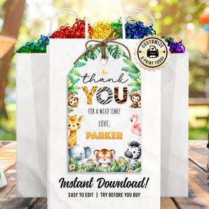 Safari Thank You Tag | Editable Jungle Animals Kids Birthday Party Favor Tag | Custom Digital Printable Template Instant Download 2x3.5&quot;