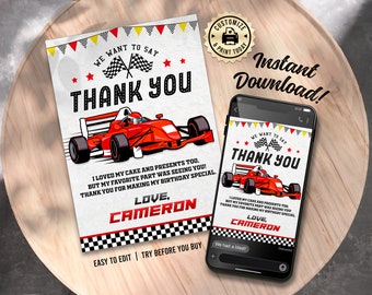 Editable Race Car Go Kart Speedway Birthday Party Celebration Matching Custom Thank You Card Digital Printable Template - 5x7