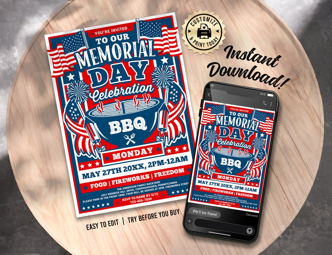 EDITABLE Memorial Day BBQ Backyard Barbecue Cookout Patriotic ...