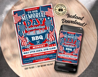 Convite para churrasco do Memorial Day | Convite para festa de churrasco no quintal com decoração editável do Dia Americano | Modelo personalizado para impressão digital 5x7