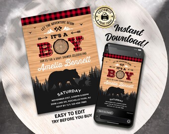Lumberjack Baby Shower Invitation | Editable It's a BoyAdventure Awaits Baby Sprinkle Party Invite | Custom Digital Printable Template 5x7