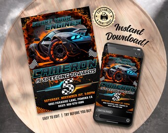 May include: A digital invitation for a 5th birthday party with a racing car theme. The invitation features a black and blue sports car with flames and a checkered flag. The text on the invitation reads "Start Your Engines, Cameron is Speeding Towards 5".