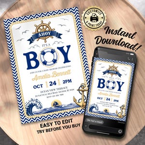 Nautical Baby Shower Invitation | Editable Ahoy! It&#39;s A Boy Sailor Sprinkle Party Invite | Custom Digital Printable Template 5x7