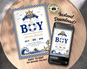 Nautical Baby Shower Invitation | Editable Ahoy! It's A Boy Sailor Sprinkle Party Invite | Custom Digital Printable Template 5x7