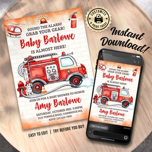 EDITABLE Fire Fighter Truck Engine Station Theme Baby Shower Sprinkle Party Invitation Custom Digital Printable Template - 5x7