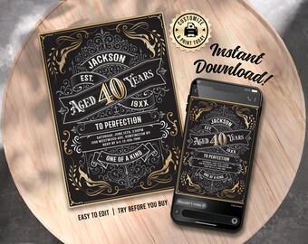 Aged to Perfection 40th Birthday Invitation | Vintage Whiskey Label Editable Milestone Party Invite | Custom Digital Printable Template 5x7