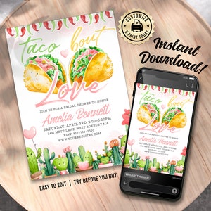 Fiesta Bridal Shower Invitation | Editable Taco Bout Love Couples, Engagement, Wedding Party Invite | Custom Digital Printable Template 5x7