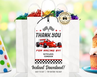 Editable Race Car Go Kart Speedway Thanks For Racing By Birthday Party Celebration Custom Thank You Tag Digital Printable Template - 2x3.5"