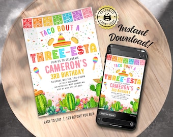Fiesta 3rd Birthday Invitation | Editable Taco Three-Esta Mexican Theme Kids Party Invite | Custom Digital Printable Template 5x7