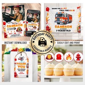 Fire Fighter Birthday Party Bundle | Editable Invitation Favor Tag Backdrop Banner Custom Digital Templates | Printable Cupcake Toppers