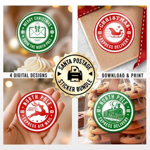 Paquete de pegatinas navideñas con franqueo: 4 diseños imprimibles para regalos, productos, repostería y decoración navideña. Etiquetas redondas de 2&quot; de descarga instantánea