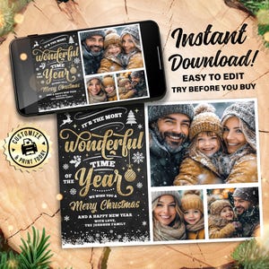 Prachtige kerstfotokaart van de tijd van het jaar | Bewerkbare gezinsvakantie 3 wenskaarten | Aangepaste digitale afdrukbare sjabloon 7 x 5