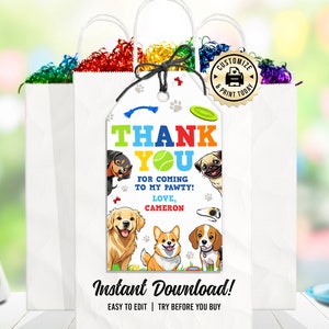 Welpen-Hunde-Dankeschön-Anhänger | Bearbeitbares Haustier Pawty Kinder Kuscheltier Adoption Geburtstagsgeschenk | Benutzerdefinierte digitale druckbare Vorlage 2x3.5