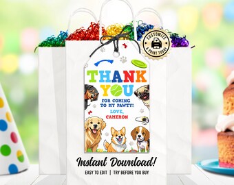 May include: A colorful thank you tag with a dog theme. It features a variety of dog breeds, a tennis ball, and a frisbee. The text reads "Thank You for coming to my pawty! Love, Cameron".