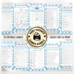 Paquete de 10 juegos de circo para baby shower / Tarjetas editables para baby shower de niño con temática de carnaval / Plantillas digitales imprimibles personalizadas de 5x7
