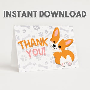 Instant Download Corgi Paw Print Theme Matching Thank You Card Custom Digital Printable - 3.5x5"