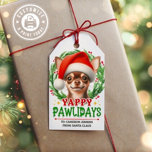Chihuahua-Weihnachtsgeschenkanhänger | Hunderasse Yappy Pawlidays bearbeitbarer Urlaub Party Favor Tag | Benutzerdefinierte digitale druckbare Vorlage 2x3.5
