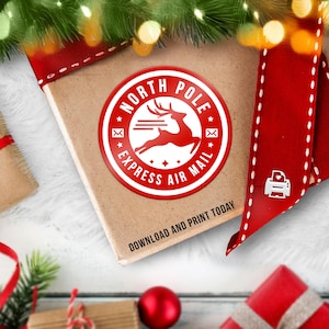 Pegatina navideña de reno para correo aéreo / Sello de Papá Noel Express del Polo Norte / Etiqueta decorativa para regalo navideño / Descarga instantánea digital imprimible