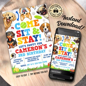 Puede incluir: Una invitación colorida para una fiesta de cumpleaños con temática de perros. La invitación presenta un perro de dibujos animados con el texto "Come Sit & Stay! Let's Pawty for Cameron's 3rd Birthday".