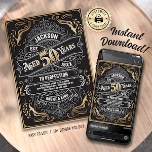 Aged to Perfection 50th Birthday Invitation | Vintage Whiskey Label Editable Milestone Party Invite | Custom Digital Printable Template 5x7