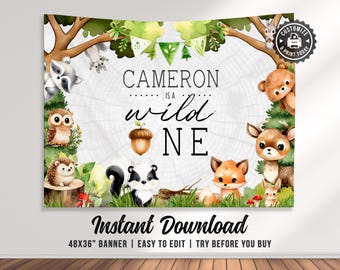 Woodland 1st Birthday Banner | Editable Wild One Forest Animals Baby Party Backdrop Wall Decor | Custom Digital Printable Template 48x36"