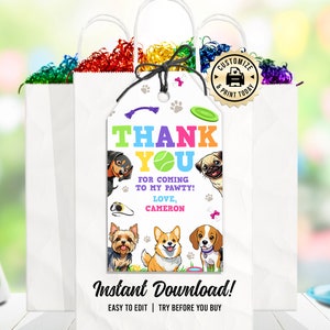 Welpen-Hunde-Dankeschön-Anhänger | Bearbeitbares Haustier Pawty Kinder Kuscheltier Adoption Geburtstagsgeschenk | Benutzerdefinierte digitale druckbare Vorlage 2x3.5