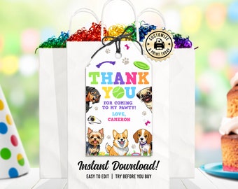 May include: A colorful thank you tag with a dog theme. The tag features a variety of dog breeds, including a pug, a corgi, a beagle, and a Yorkshire Terrier. The text on the tag reads "Thank You" in rainbow colors, "For Coming To My Pawty!" in black, "Love, Cameron" in pink, and "Instant Download! Easy To Edit | Try Before You Buy" in black.