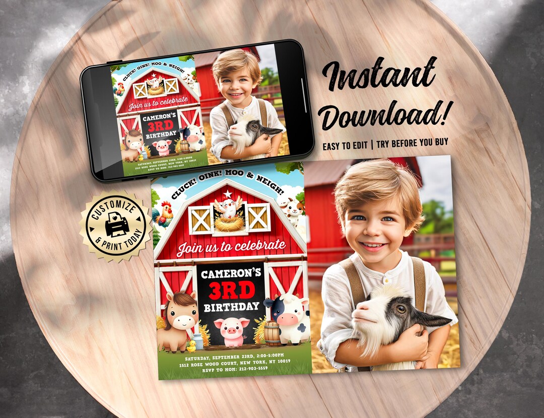 Farm Animals Birthday Party Photo Invitation | Editable Barnyard Bash ...