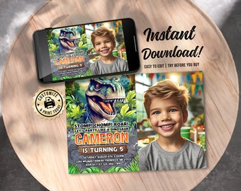 May include: A printable dinosaur birthday party invitation with a green and brown jungle background. The invitation features a dinosaur with a large mouth and a boy's photo. The text on the invitation reads "Stomp! Chomp! Roar! Let's party like a dinosaur. Cameron is turning 5. Saturday, August 5th, 2:00pm. 2262 Wilmar Farm Rd, Frederick, MD 21701. RSVP by 7/31 - 123-456-7890."