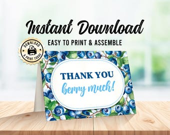 Thank You Berry Much Card | Instant Download Blueberry Garden Folded Blank Birthday or Bridal Favor Card | Custom Digital Printable 3.5x5