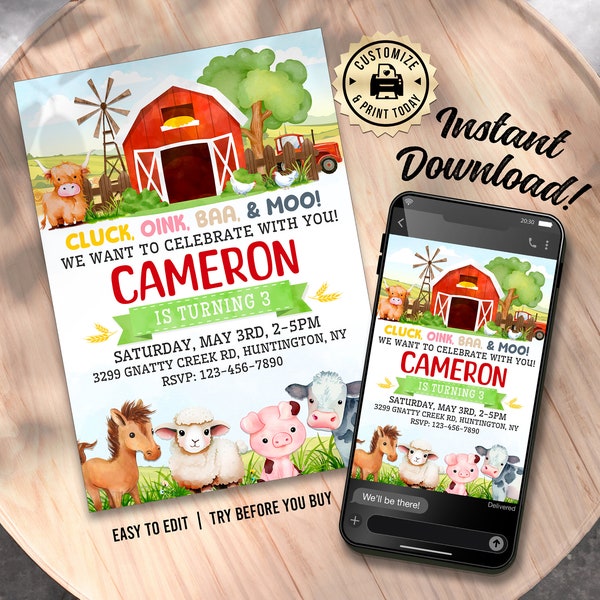 EDITABLE Baby Farm Animals Barn Theme Birthday Party Invitation Digital Printable Custom Template - 5x7