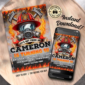 Firefighter Birthday Invitation | Editable Fire Truck Little Hero  Kids Party Invite | Digital Printable Custom Template 5x7