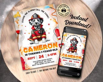 EDITABLE Dalmatian Puppy Dog Firefighter Truck Fireman Rescue Little Hero Birthday Party Invitation Custom Digital Printable Template - 5x7
