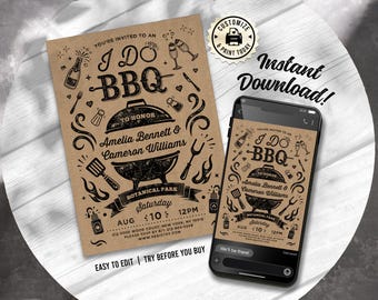 BBQ ブライダル シャワー招待状 | 編集可能な素朴なクラフト紙のカップルまたはウェディング シャワー招待状 | カスタム デジタル印刷可能テンプレート 5x7