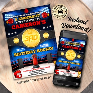 Invitación de cumpleaños de boxeador profesional / Invitación editable para fiesta de artes marciales para niños por nocaut en torneo de boxeo / Plantilla digital personalizada para imprimir de 5 x 7