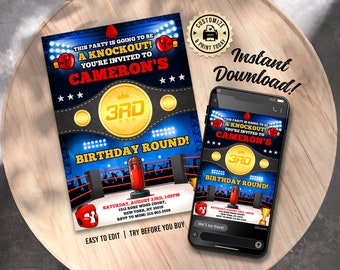 Pro Boxer Birthday Invitation | Editable Boxing Tournament Knockout Kids Martial Arts Party Invite | Custom Digital Printable Template 5x7