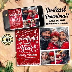 Prachtige kerstfotokaart van de tijd van het jaar | Bewerkbare gezinsvakantie 3 wenskaarten | Aangepaste digitale afdrukbare sjabloon 7 x 5