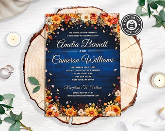 May include: A blue and brown wedding invitation with floral accents. The invitation features the names Amelia Bennett and Cameron Williams, the date September 23rd, 2023, and the time four o'clock in the evening. The invitation also includes the location of the wedding, The Wedding Hall, 1713 Elm Drive, New York, NY 10014. The invitation concludes with the phrase "Reception to Follow" and a request to RSVP by 3/1 at www.yourweddingwebsite.com.