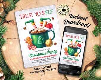Christmas Party Invitation | Editable Treat Yo Self Holiday Party Invite | Custom Digital Printable Template 5x7