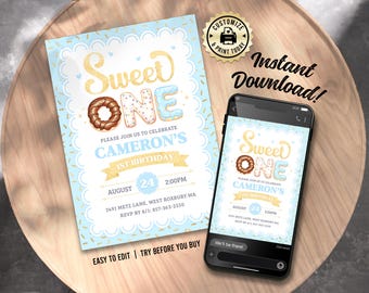 Donut 1st Birthday Invitation | Editable Sweet One Boy's 1st Birthday Party Invite | Custom Digital Printable Template 5x7