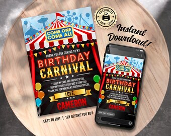 May include: Editable thank you card with a carnival theme. The card features a red and white striped tent with the words "Come One Come All" in a gold banner. The text "Thank you for coming to my Birthday Carnival" is in a red banner with gold stars. The card is black with gold accents and features a red curtain. The text "Love, Cameron" is in gold. The card is easy to edit and try before you buy.