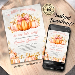 Fall Pumpkin Baby Shower Invitation | Editable Autumn Baby Girl Sprinkle Party Invite | Custom Digital Printable Template 5x7