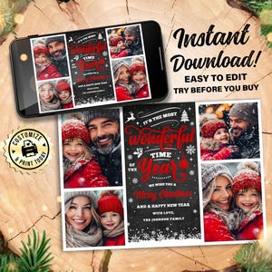 Prachtige kerstfotokaart van de tijd van het jaar | Bewerkbare gezinsvakantie 4 fotowenskaart | Aangepaste digitale afdrukbare sjabloon 7 x 5