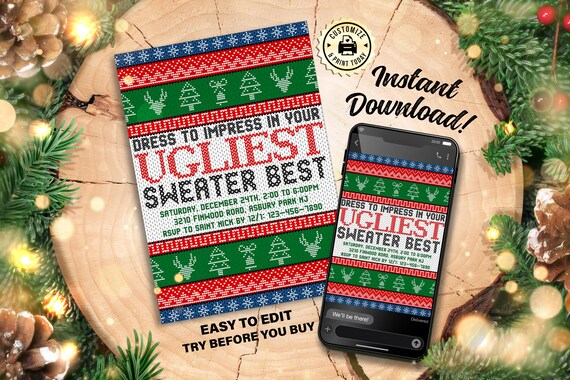 christmas party best dressed and ugly sweater invite Ugly Sweater Holiday Party Invitation, Personalized