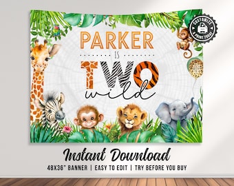 Safari 2nd Birthday Banner | Editable Two Wild Jungle Animals Toddler Party Backdrop Wall Decor | Custom Digital Printable Template 48x36