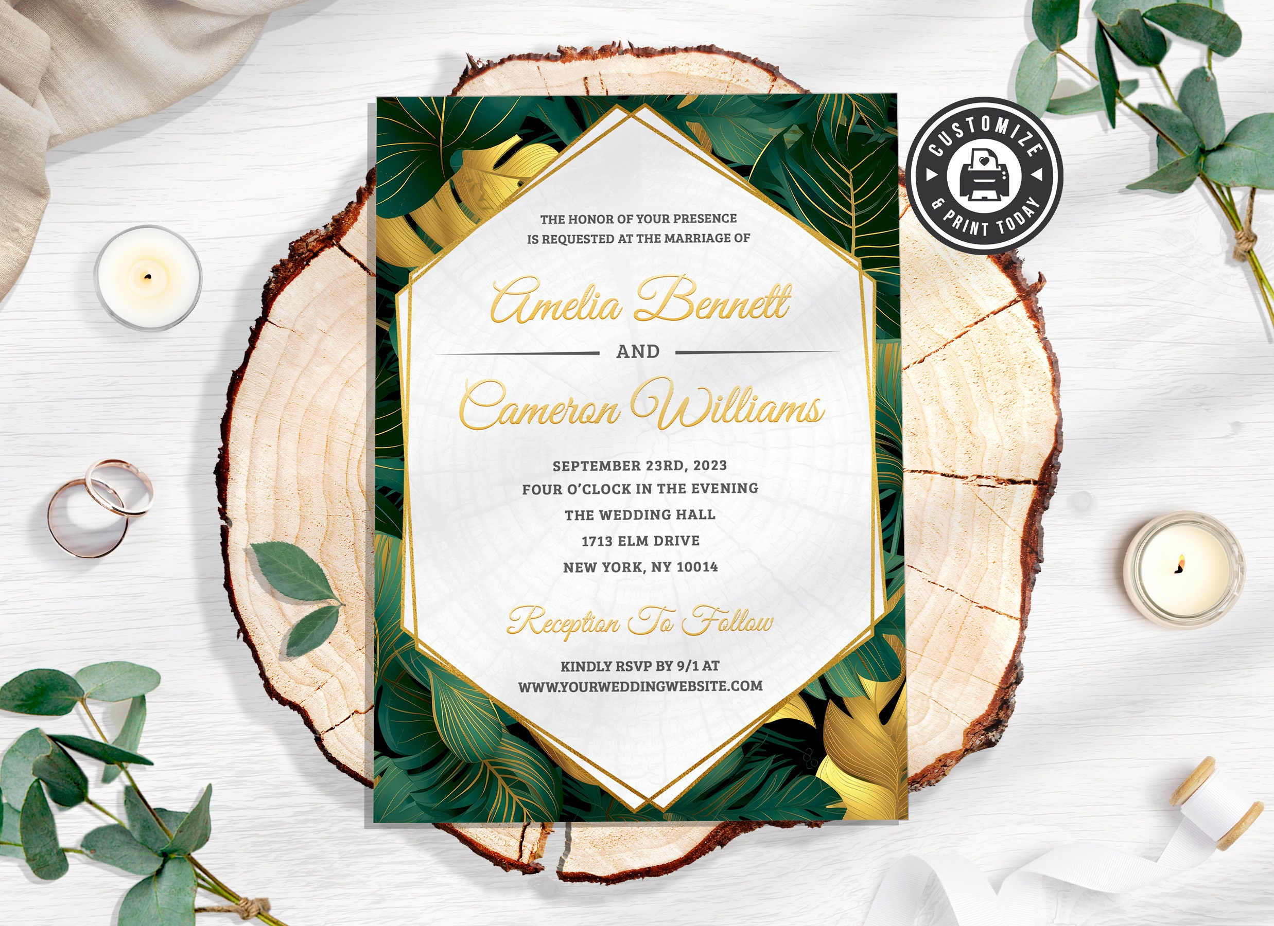 Gold Monstera Leaves Wedding Invitation | Tropical Palm Modern Editable  Invite | Custom Digital Printable Template 5x7 - Etsy, image size:2475x1800